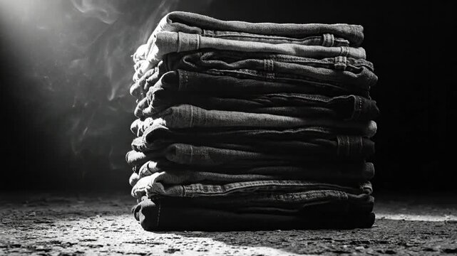 Monochrome stack of denim jeans with dark moody lighting and atmospheric smoke effect background