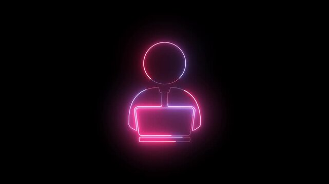 Person using laptop animation shows a working user profile. Computer software programming telemetry guides the animation. Digital online workplace productivity features person laptop.