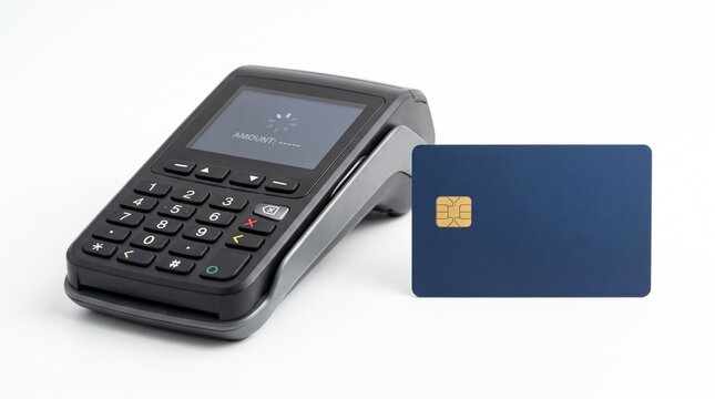 Contactless payment terminal with blue credit card, wireless POS machine for retail transactions, electronic card reader on white background