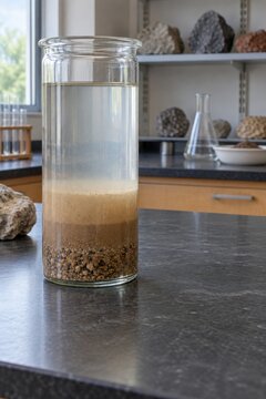 Glass cylinder containing settled layers of sand and gravel