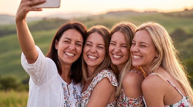 Four women taking selfie together in countryside at sunset, laughing girlfriends smartphone photo