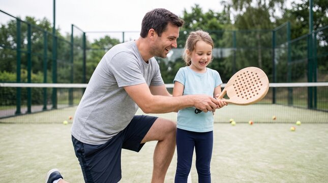 Happy father teaching his little daughter how to play padel tennis on an outdoor court