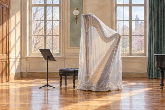 Covered harp in a bright room with tall windows