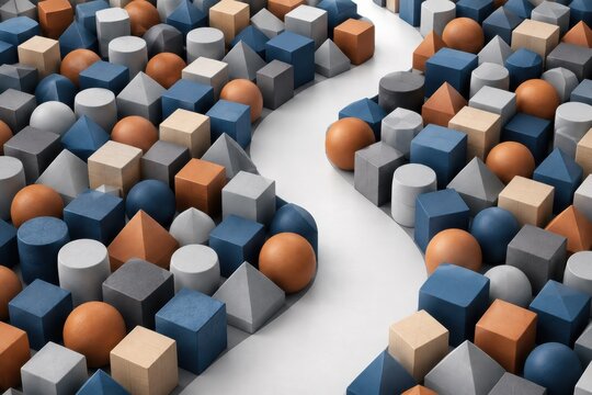 Winding white path through an array of colored geometric solids