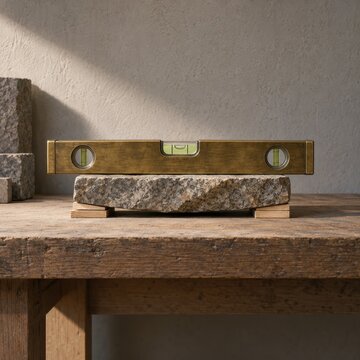 Spirit level on a stone slab in a rustic workshop