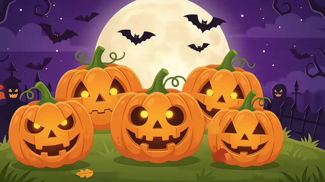 halloween background with pumpkin
Group of glowing Halloween jack-o-lanterns at night