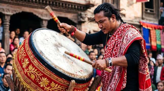 South Asian percussionist playing a traditional decorated drum during a public festival