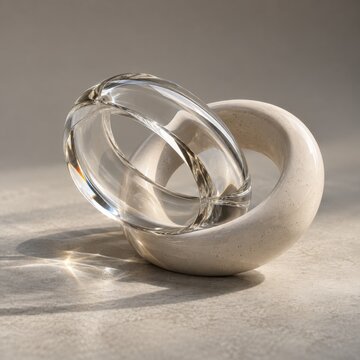 Clear glass ring interlocked with a cream ceramic loop