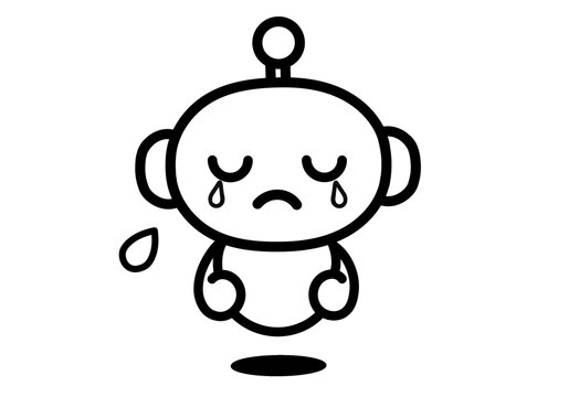 Cute robot character crying with tears looking very sad