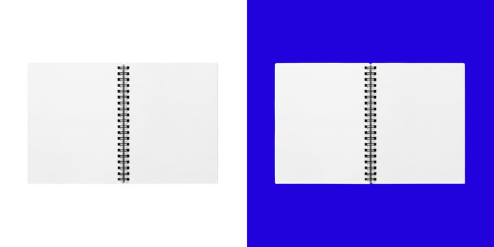 Open spiral notebook mockup on white and blue background transparent png