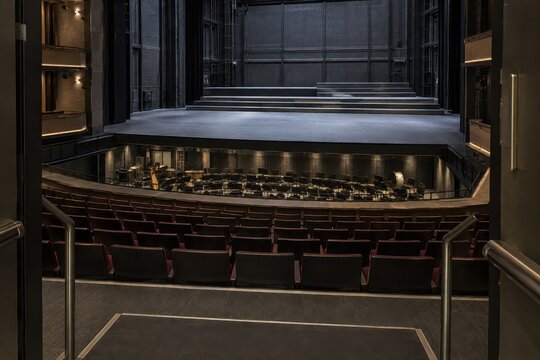 Empty theater with a dark stage and orchestra pit