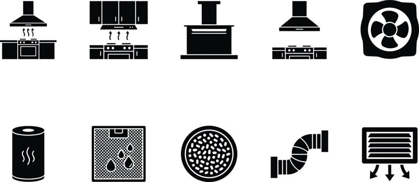 Modern kitchen ventilation equipment set showing rangehood extractor fan grease filter charcoal ductwork blower exhaust system