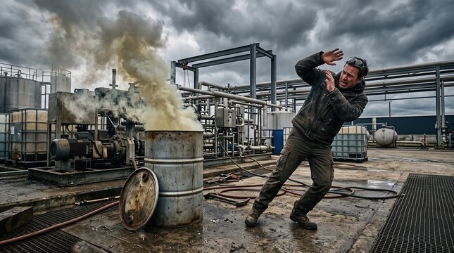 a startled worker reacting to a dangerous chemical fume leak from a metal drum in an industrial plant.