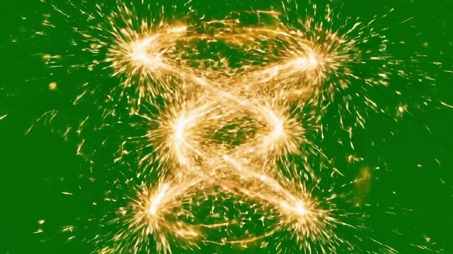 Abstract Golden Swirling Light Trails Forming a Double Helix Shape on Green Background