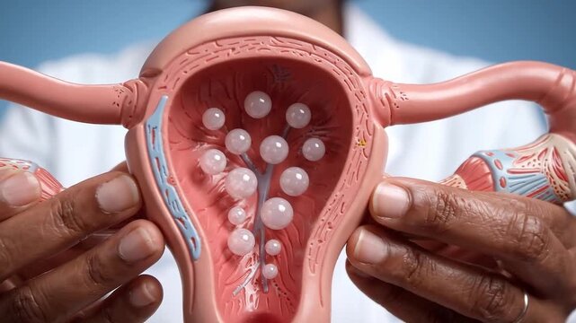 Woman doctor presents a uterus model with uterine growths, moving from full reproductive anatomy to close-up medical education detail. Womens reproductive health.