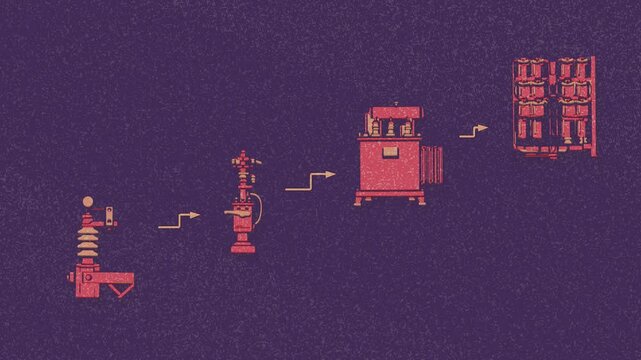 Incoming transmission power passes through breaker isolation, transformer conversion, and capacitor compensation before exiting the switchyard. Flat 3D style with a dry silkscreen texture.