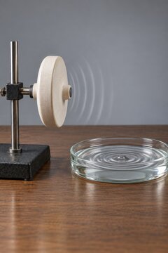 Disc apparatus beside a dish of concentric water ripples