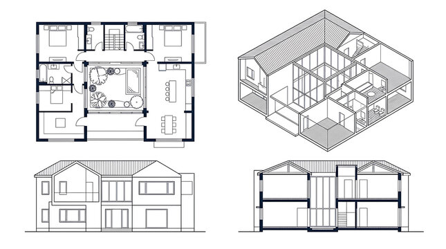 Detailed architectural blueprints and house plans showcasing various technical drawings, Isolated on Transparent background png
