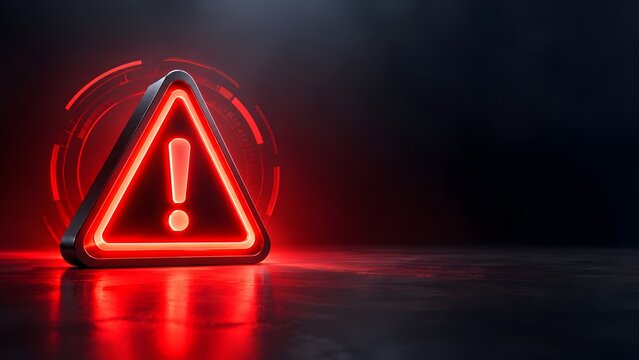 Glowing red neon exclamation mark warning sign representing system error cyber threat and critical danger alert