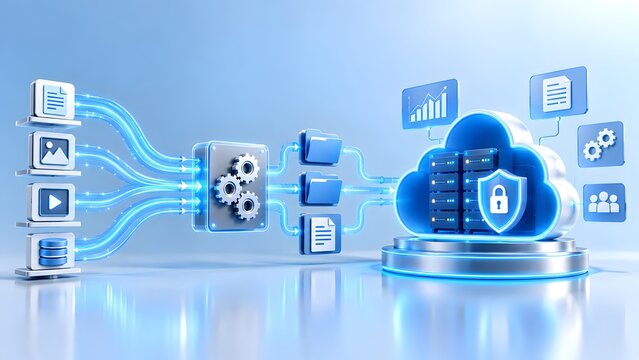 Secure cloud computing network transferring digital files into protected data center representing network infrastructure