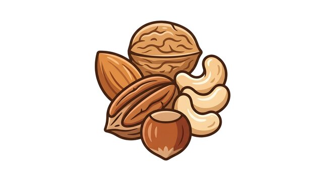 Vector illustration of various mixed nuts including walnut, almond, cashew, hazelnut, and pecan isolated on a white background