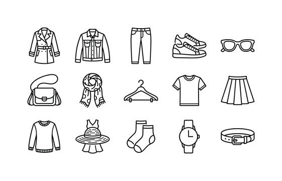 Spring Fashion Clothing Set, line icon set featuring coat, jacket, trousers, shoes, sunglasses, handbag, scarf, hanger, covering women fashion, casual garments, spring clothing, apparel retail,