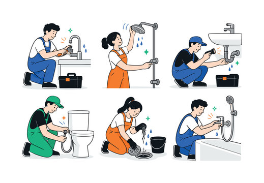 Bathroom Plumbing Scenes, clean editorial illustration set of 6 separate mini scenes in a 3x2 layout showing faucet installation, shower head adjustment, sink pipe inspection, toilet connection, drain