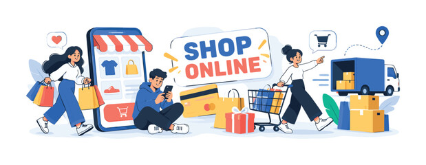 Fototapeta premium Ecommerce Shopping Journey — clean editorial banner, 3 geometric characters shopping around oversized smartphone store and package, supporting payment card, cart, delivery truck and loyalty gift,