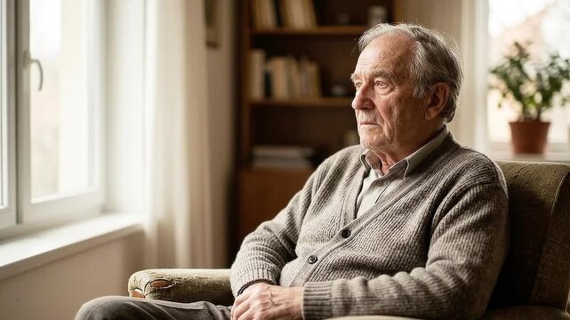 Elderly man with vacant distant expression sitting alone by window at home.