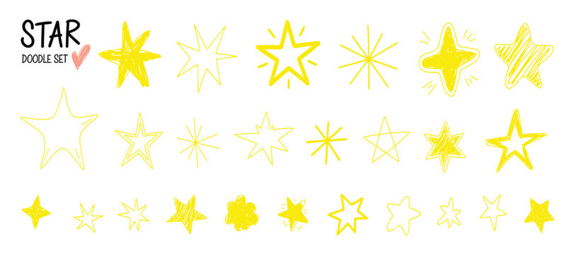 Hand drawn yellow star doodle set featuring various shapes and styles for creative design projects.