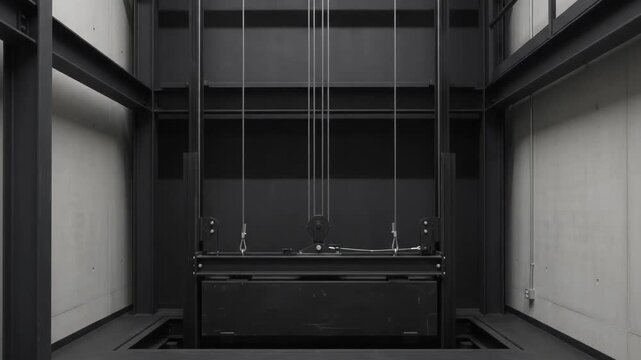 Heavy Dark Elevator Counterweight Moves Upward Through Steel and Concrete Shaft