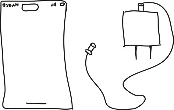 Hand drawn smartphone and charger vector illustration, minimalist mobile phone doodle with power adapter, black and white sketch of electronic devices