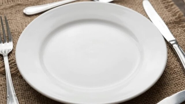 Empty white plate with silverware on a burlap placemat