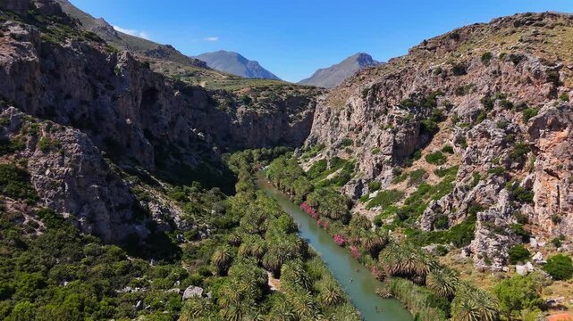 Kourtaliotiko Gorge surrounds the Kourtaliotis River between limestone cliffs near Preveli, Rethymno, Crete, Greece, Europe, drone forward flyover