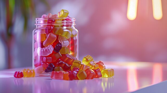 Glass jar filled with various colorful gummy candies on a reflective surface
