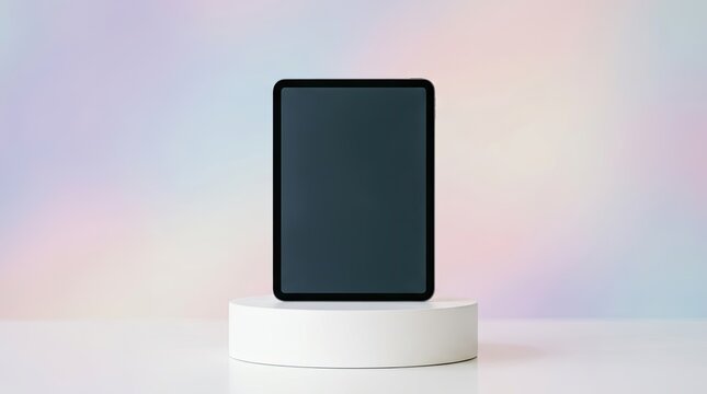A black tablet with a blank screen on a white podium with a colorful background.