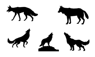 Fototapeta premium Wolf silhouettes depicting various wild canines standing and howling against a plain background.