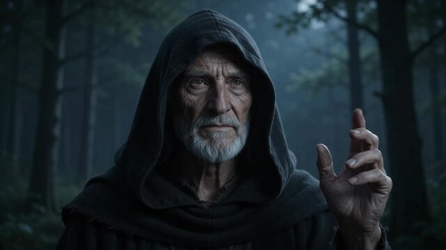 Elderly Wizard in a Dark Hooded Cloak Raising Hand in a Forest