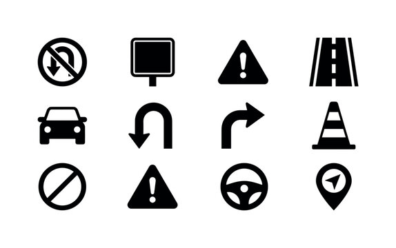 No U Turn, solid glyph icon set featuring U-turn arrow, prohibition circle, road sign shape, highway lane, warning triangle, car, detour arrow, traffic cone, covering no U-turn, road warning, traffic