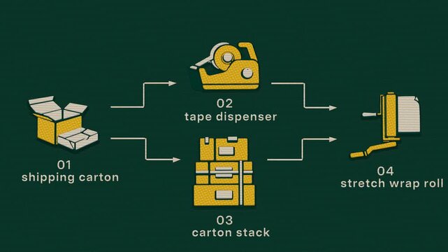 Cartons are sealed, divided into parallel packing paths, consolidated on a pallet, and wrapped for dispatch. Flat 3D style printed from two plates; objects numbered and labelled in English.