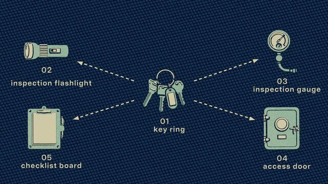 A scheduled plant room check traces access, readings and desk signoff through a single audit trail. Flat 3D style with cross-hatching; objects numbered and labelled in English.