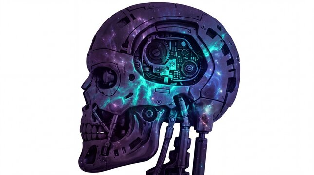 Dark psychedelic mechanical skull profile with galactic nebula