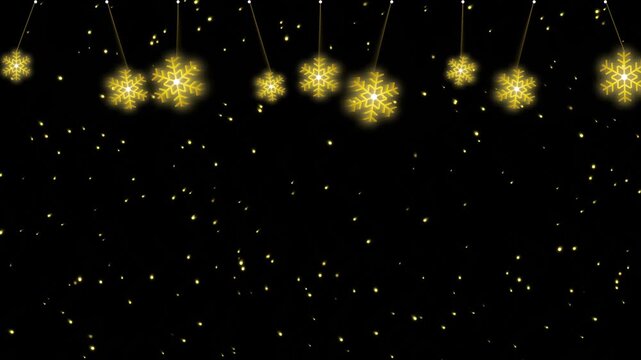 Luxury Golden Snowflake Ornaments Falling Snow Particles on Black Background