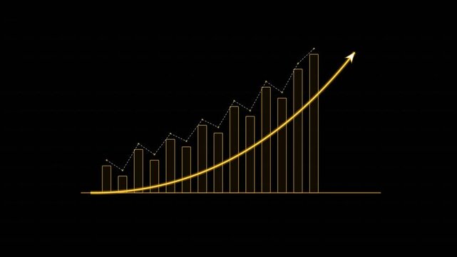 Golden wealth growth arrow and bar chart rising, luxury financial investment return loop 4k 60fps