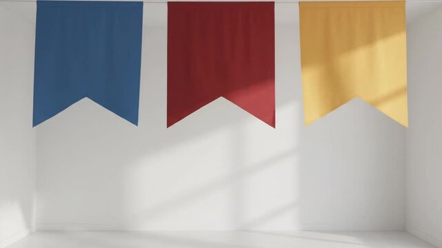 Blank Blue, Red, and Yellow Fabric Pennants Hanging on a White Wall with Sunlight Shadows