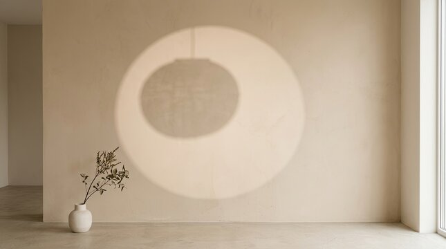 A minimalist room with a beige wall and a circular light fixture casting a shadow on the wall.