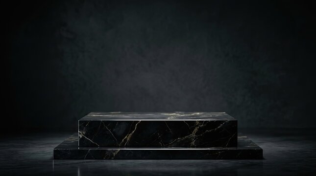 A black and gold marble pedestal on a dark, textured background.