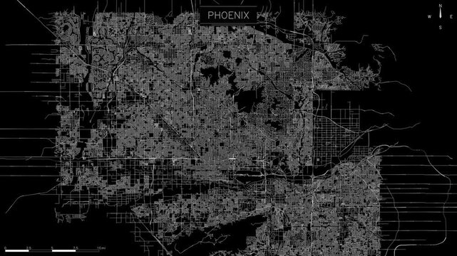 Minimalist animated map of Phoenix featuring glowing white streets that loop seamlessly against black.