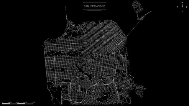 A minimalist map of San Francisco glows against a dark background in this seamless animation, complex road network with flowing lights representing traffic
