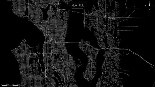 Intricate Seattle road map animation displays a glowing street network in a minimalist dark mode style, flowing lights representing traffic